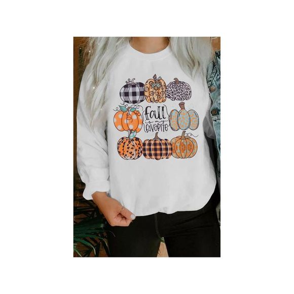 Azura Exchange  White Plaid Leopard Polka Dot Pumpkin Print Pullover Sweatshirt - Picture 4 of 5